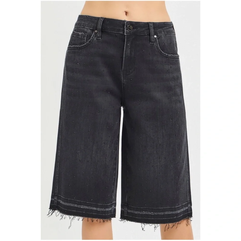 Mineral Wash Black  Rhinestone Detail Raw Hem Denim Shorts Jorts